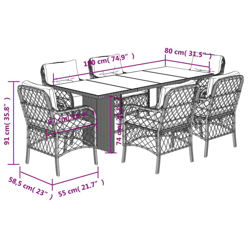 7-tlg. Garten-Essgruppe mit Kissen Schwarz Poly Rattan