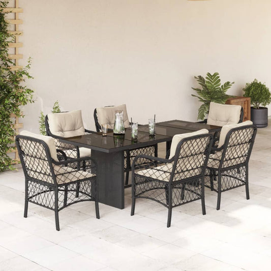 7-tlg. Garten-Essgruppe mit Kissen Schwarz Poly Rattan