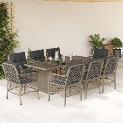 9-tlg. Garten-Essgruppe mit Kissen Hellgrau Poly Rattan