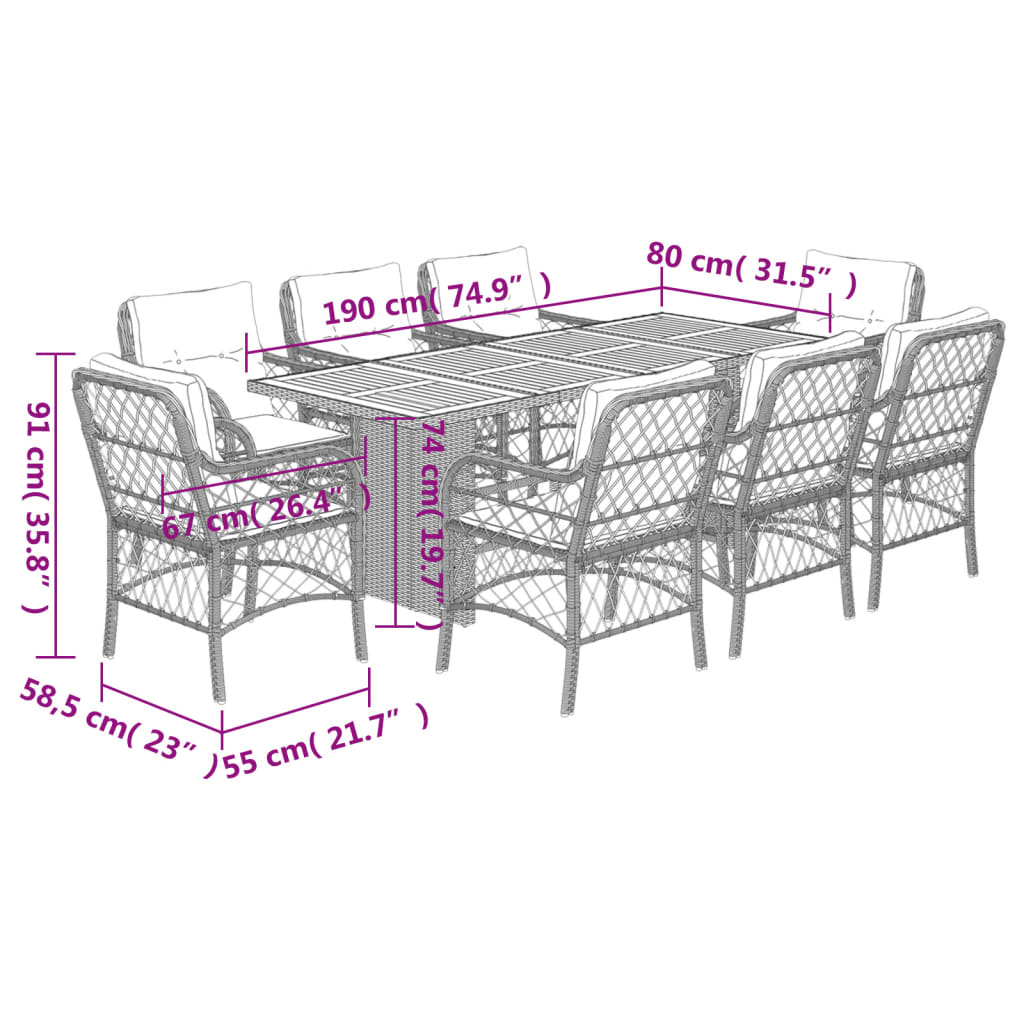 9-tlg. Garten-Essgruppe mit Kissen Grau Poly Rattan