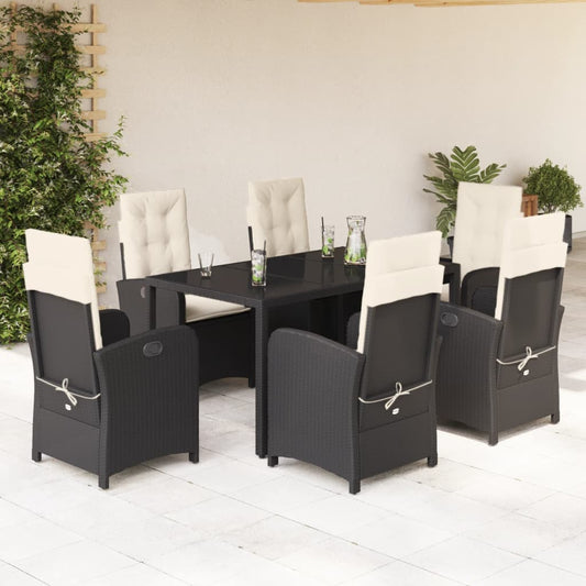 7-tlg. Garten-Essgruppe mit Kissen Schwarz Poly Rattan