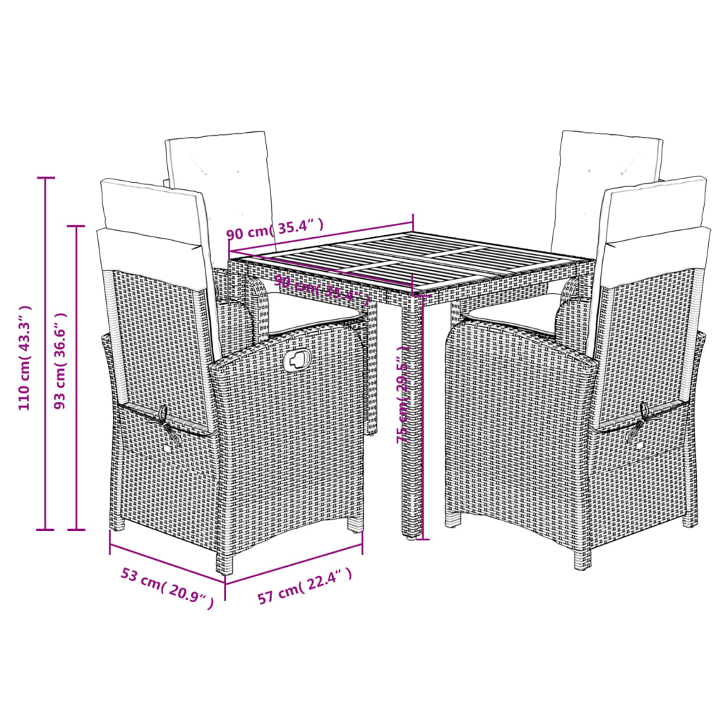 5-tlg. Garten-Essgruppe mit Kissen Grau Poly Rattan