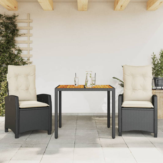 3-tlg. Garten-Essgruppe mit Kissen Schwarz Poly Rattan