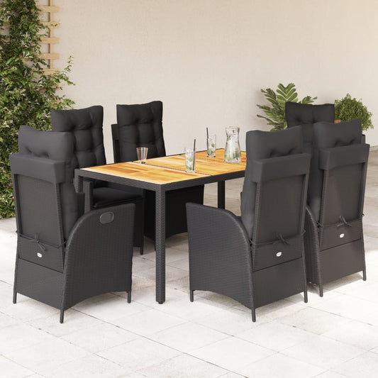 7-tlg. Garten-Essgruppe mit Kissen Schwarz Poly Rattan