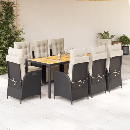 9-tlg. Garten-Essgruppe mit Kissen Schwarz Poly Rattan