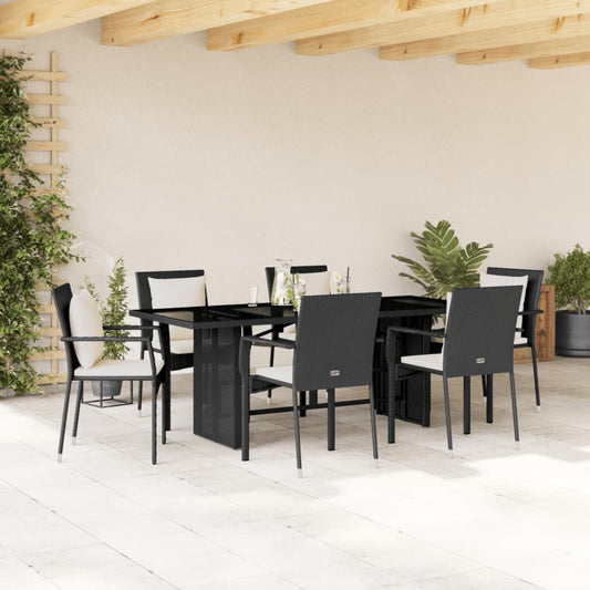 7-tlg. Garten-Essgruppe mit Kissen Schwarz Poly Rattan