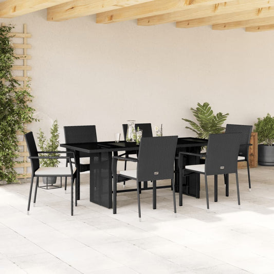 7-tlg. Garten-Essgruppe mit Kissen Schwarz Poly Rattan