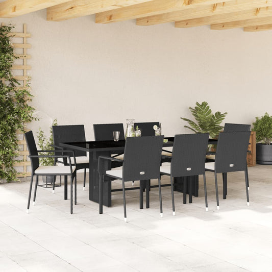 9-tlg. Garten-Essgruppe mit Kissen Schwarz Poly Rattan