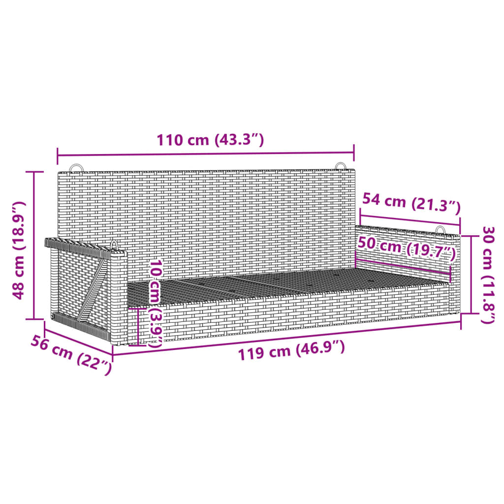 Hängebank Schwarz 119x56x48 cm Poly Rattan