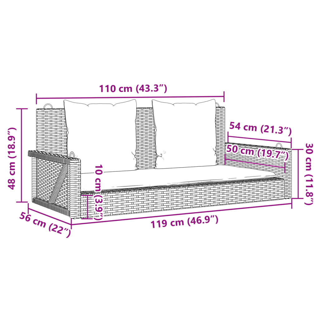 Hängebank mit Kissen Braun 119x56x48 cm Poly Rattan