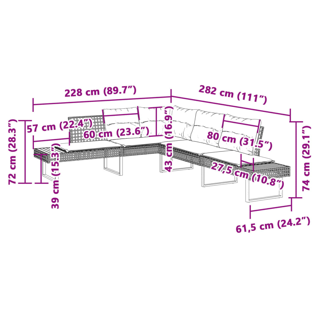 Gartensofa in L-Form mit Kissen Grau Poly Rattan und Akazie