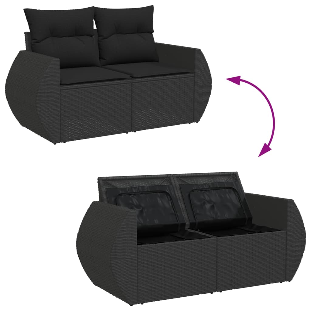 Gartensofa mit Kissen 2-Sitzer Schwarz Poly Rattan