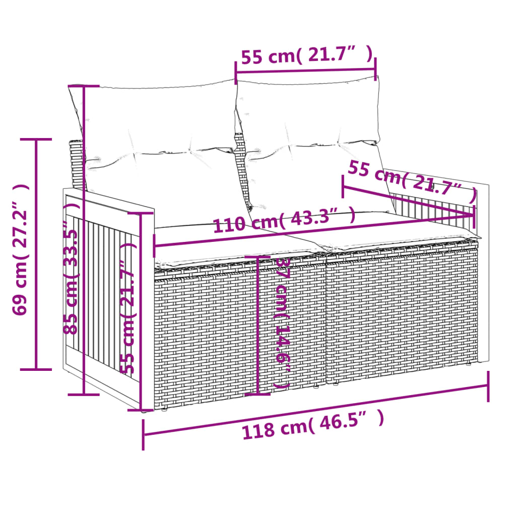 Gartensofa mit Kissen 2-Sitzer Schwarz Poly Rattan