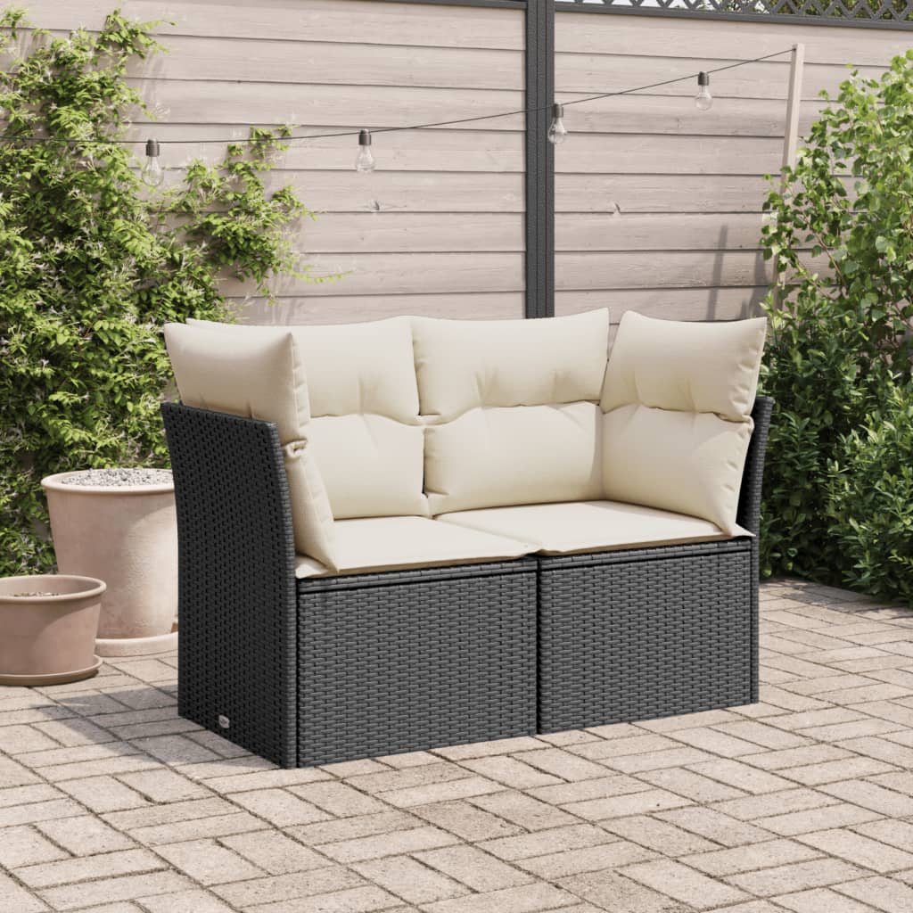 Gartensofa mit Kissen 2-Sitzer Schwarz Poly Rattan