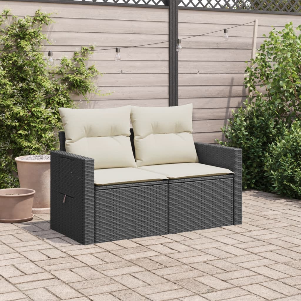 Gartensofa mit Kissen 2-Sitzer Schwarz Poly Rattan