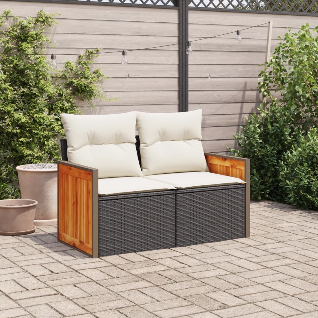 Gartensofa mit Kissen 2-Sitzer Schwarz Poly Rattan