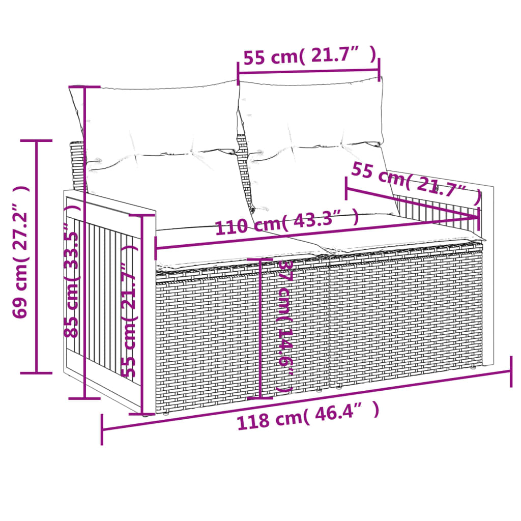 Gartensofa mit Kissen 2-Sitzer Schwarz Poly Rattan