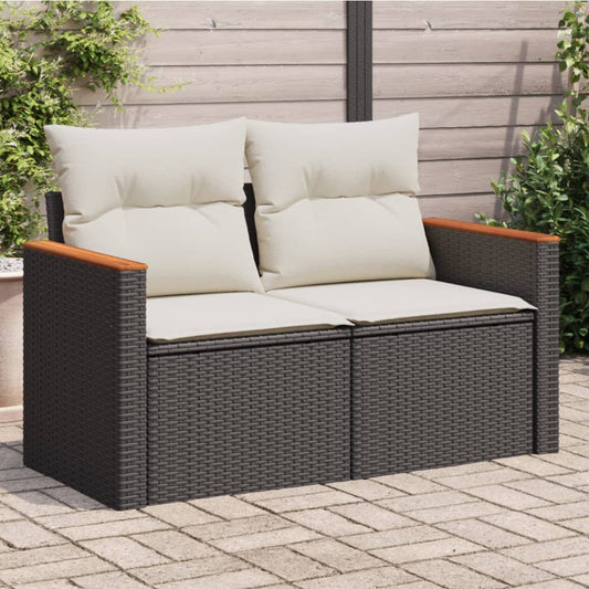 Gartensofa mit Kissen 2-Sitzer Schwarz Poly Rattan