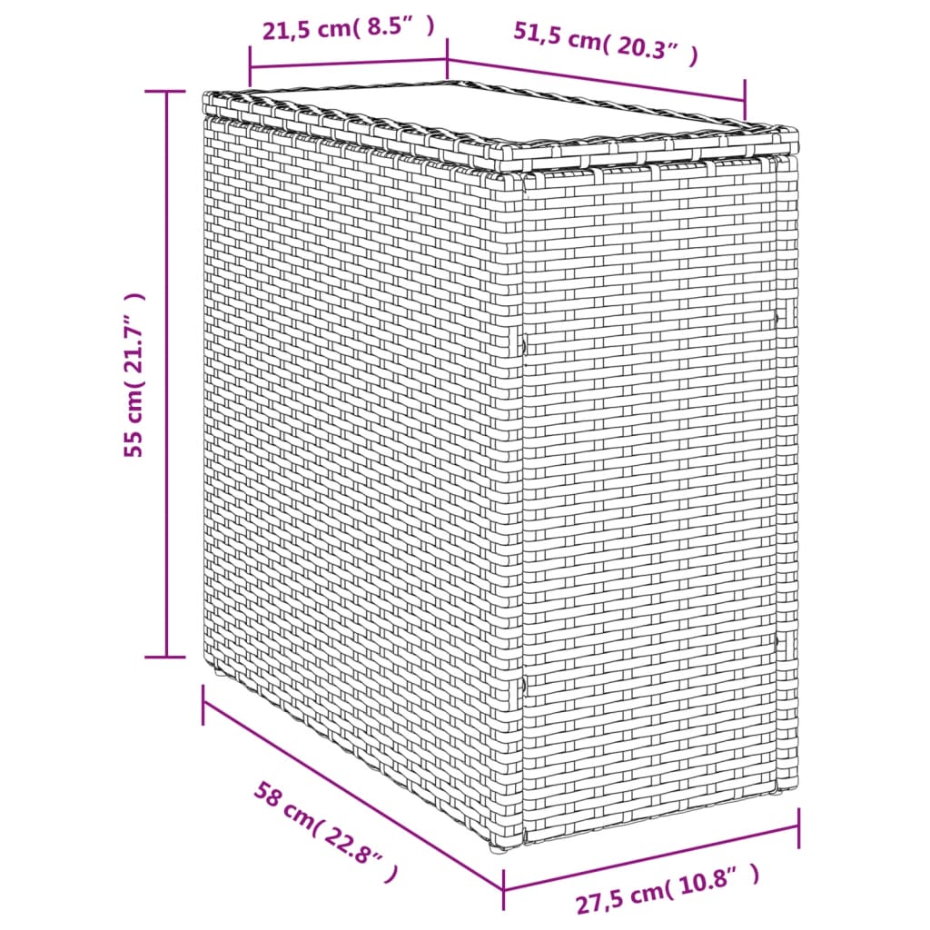 Garten-Beistelltisch Glasplatte Beige 58x27,5x55 cm Poly Rattan