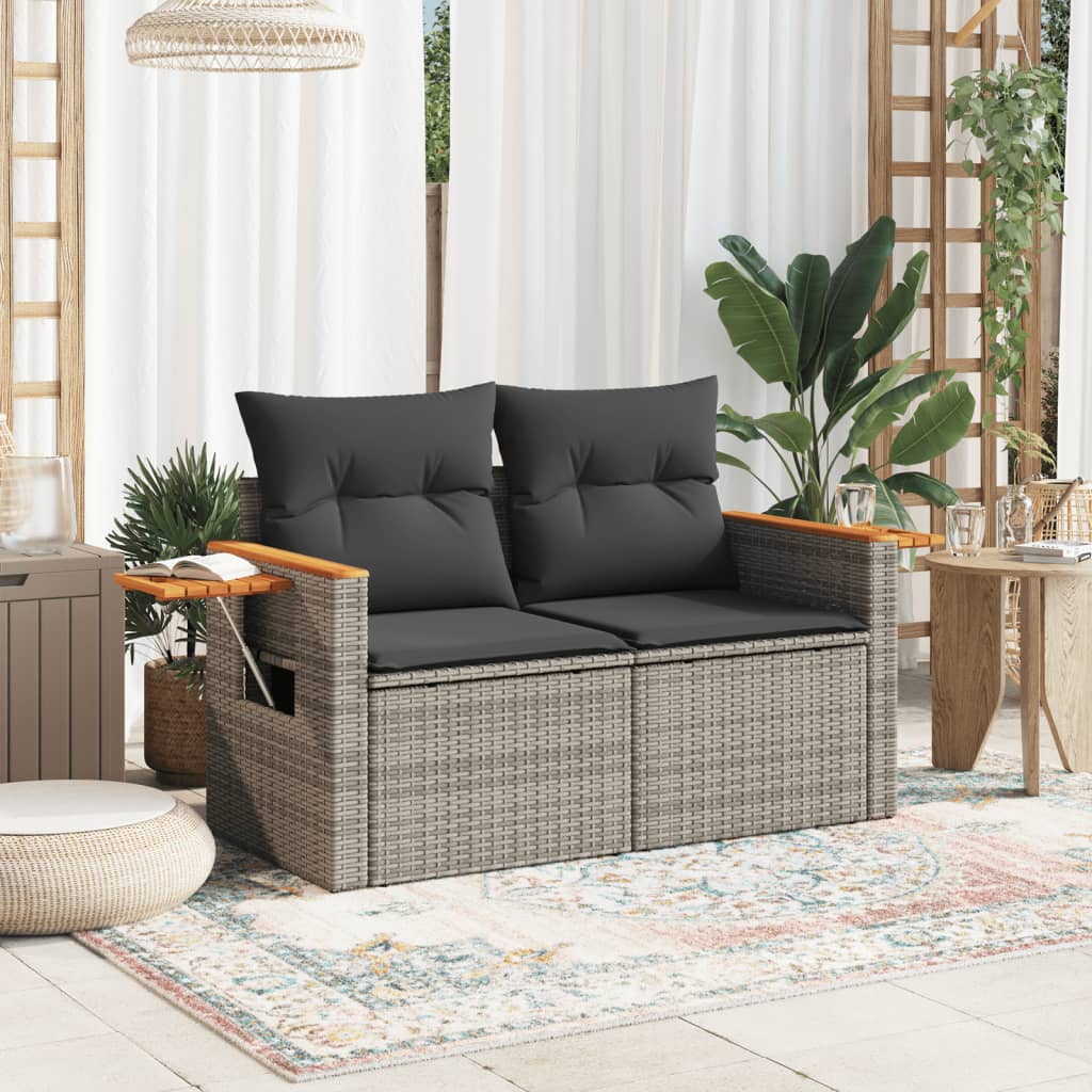 Gartensofa 2-Sitzer mit Kissen Grau Poly Rattan