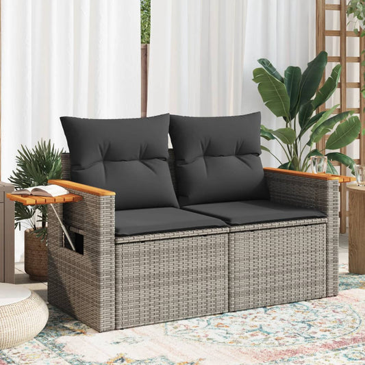 Gartensofa 2-Sitzer mit Kissen Grau Poly Rattan