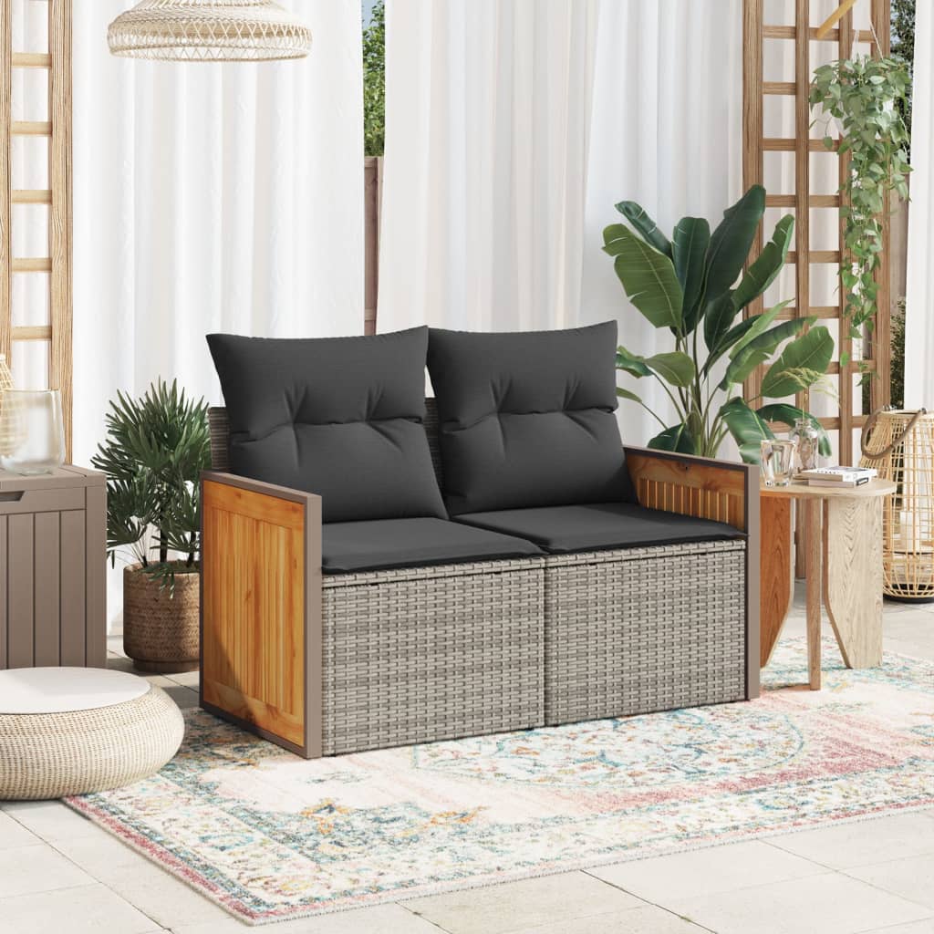 Gartensofa 2-Sitzer mit Kissen Grau Poly Rattan