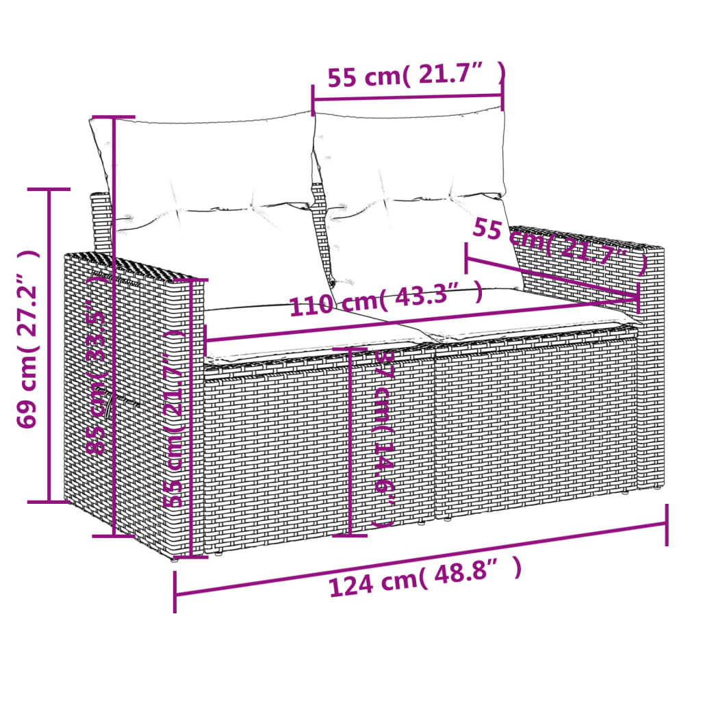 Gartensofa mit Kissen 2-Sitzer Hellgrau Poly Rattan