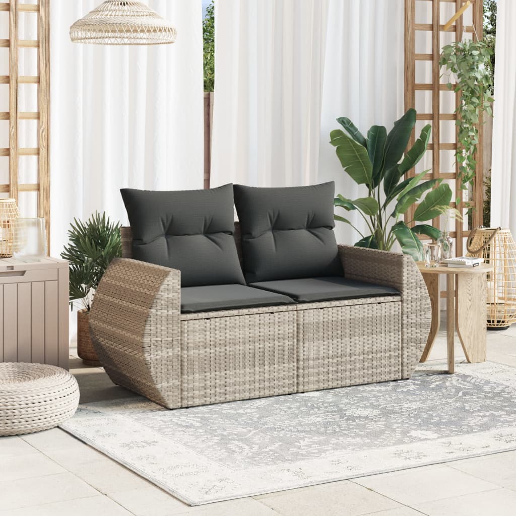 Gartensofa mit Kissen 2-Sitzer Hellgrau Poly Rattan