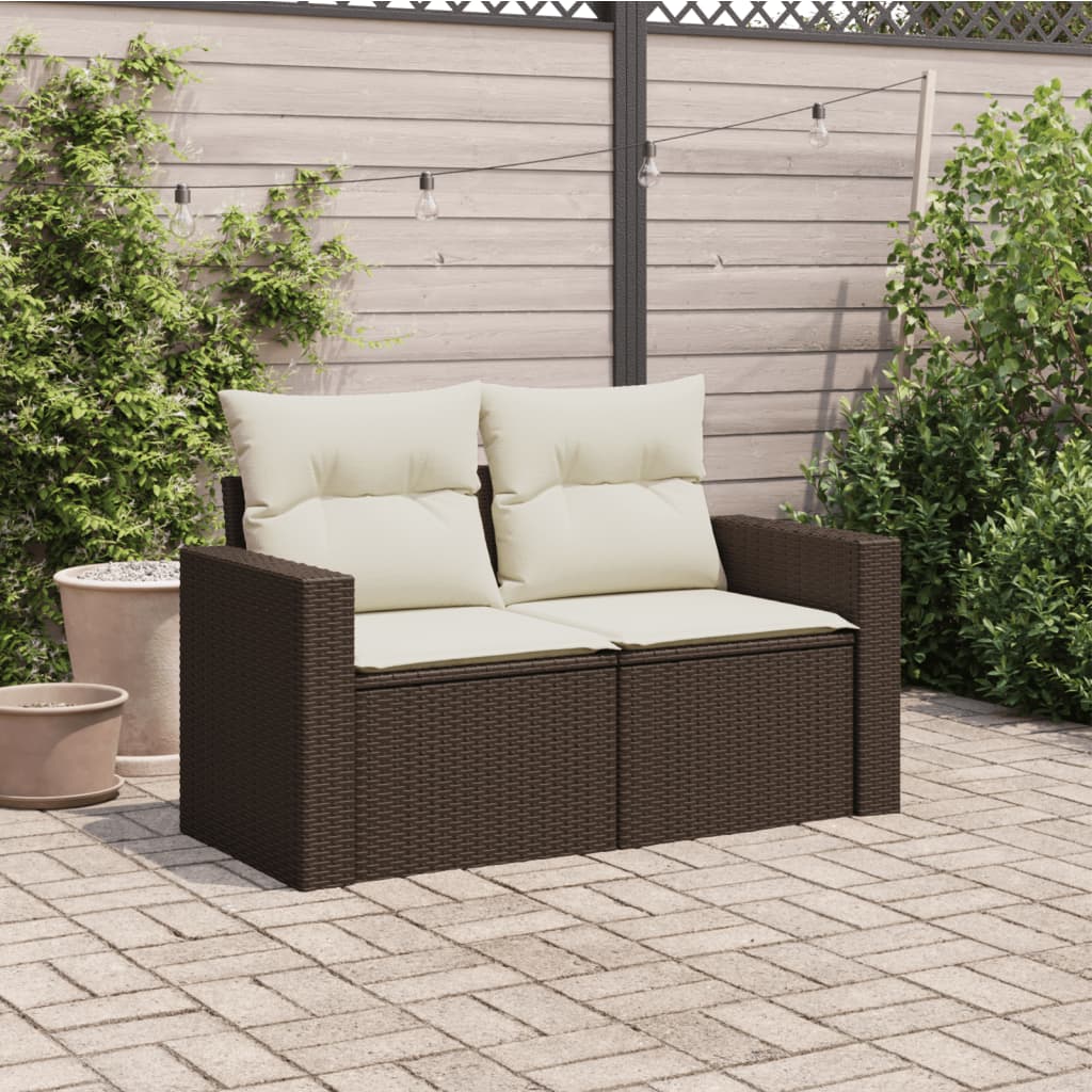 Gartensofa mit Kissen 2-Sitzer Braun Poly Rattan