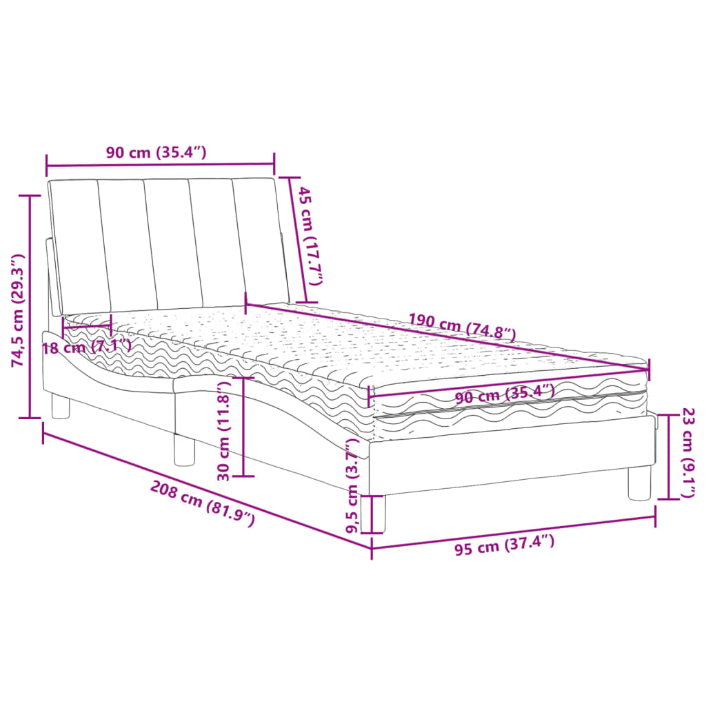 Bett mit Matratze Hellgrau 90x190 cm Samt