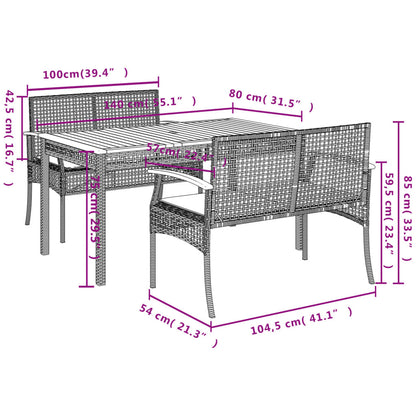 3-tlg. Garten-Essgruppe mit Kissen Grau Poly Rattan