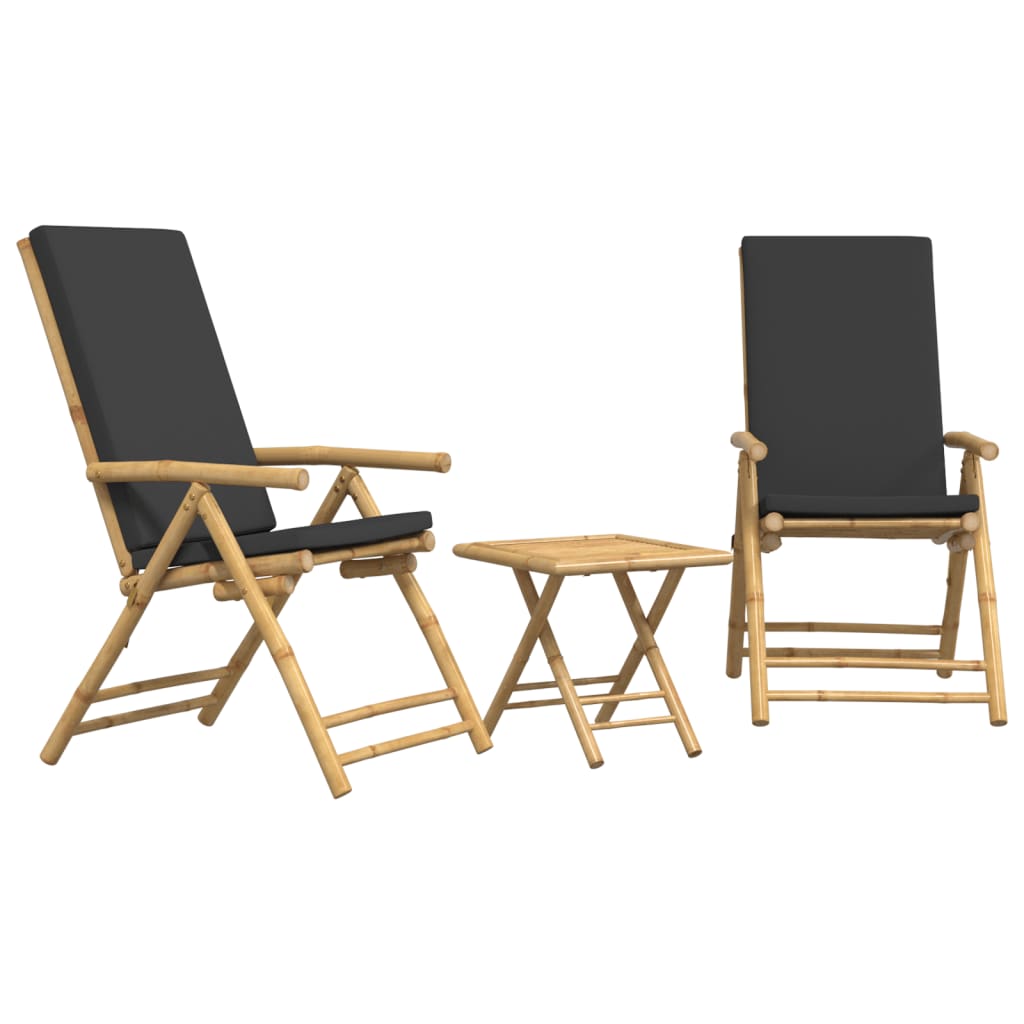 3-tlg. Bistro-Set Klappbar mit Dunkelgrauen Kissen Bambus