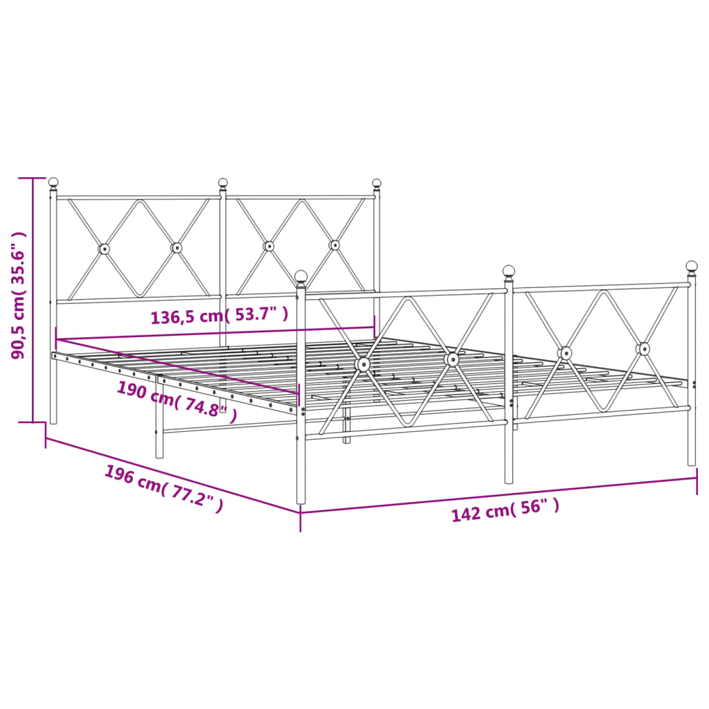 Bettgestell mit Kopf- und Fußteil Metall Weiß 137x190 cm