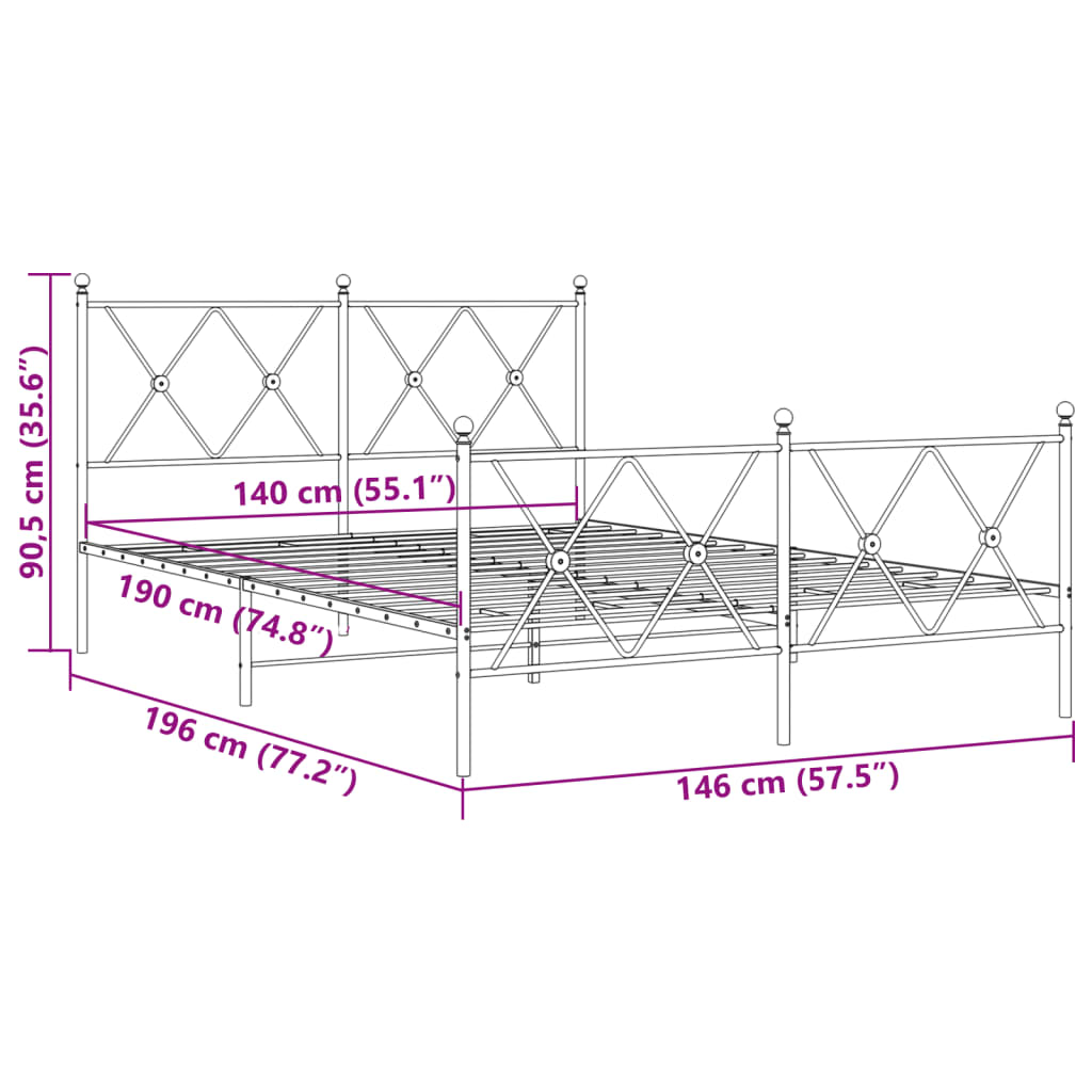 Bettgestell mit Kopf- und Fußteil Metall Weiß 140x190 cm