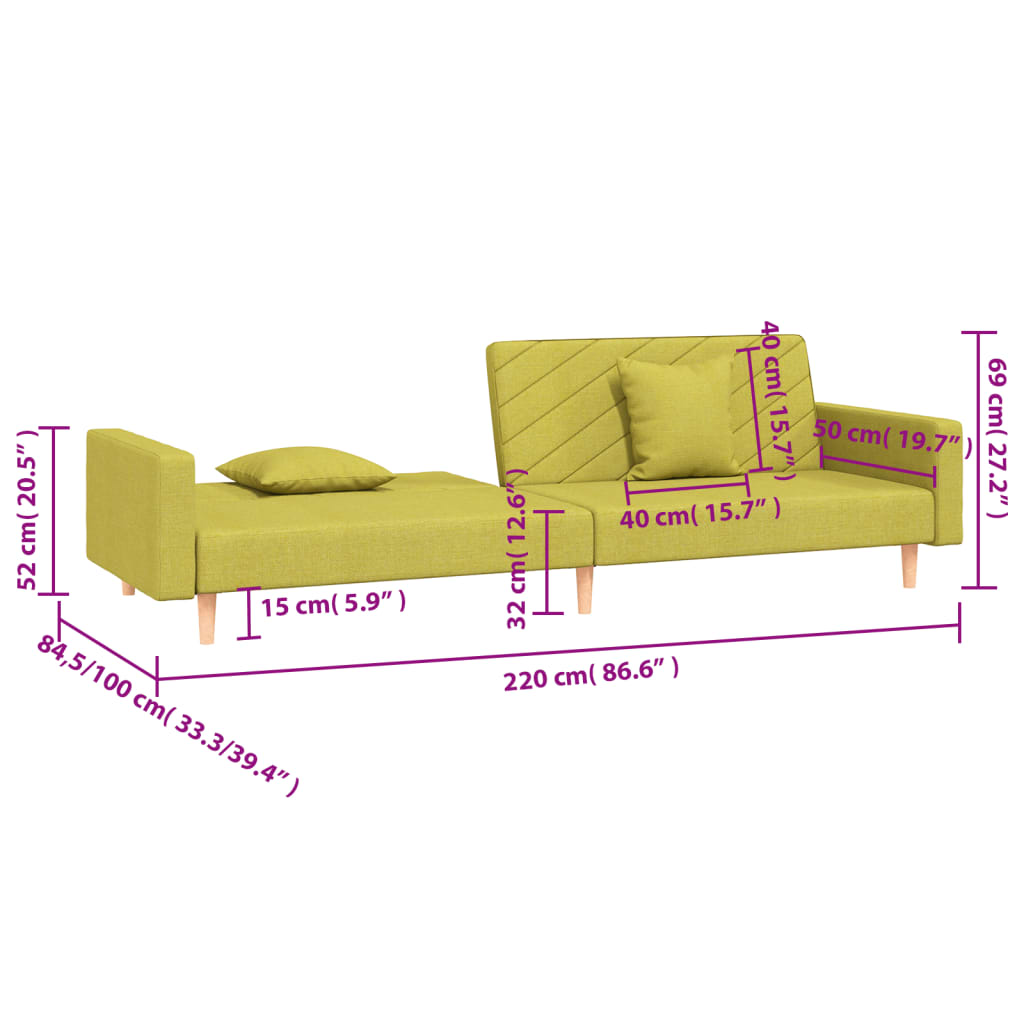 Schlafsofa 2-Sitzer mit 2 Kissen Grün Stoff