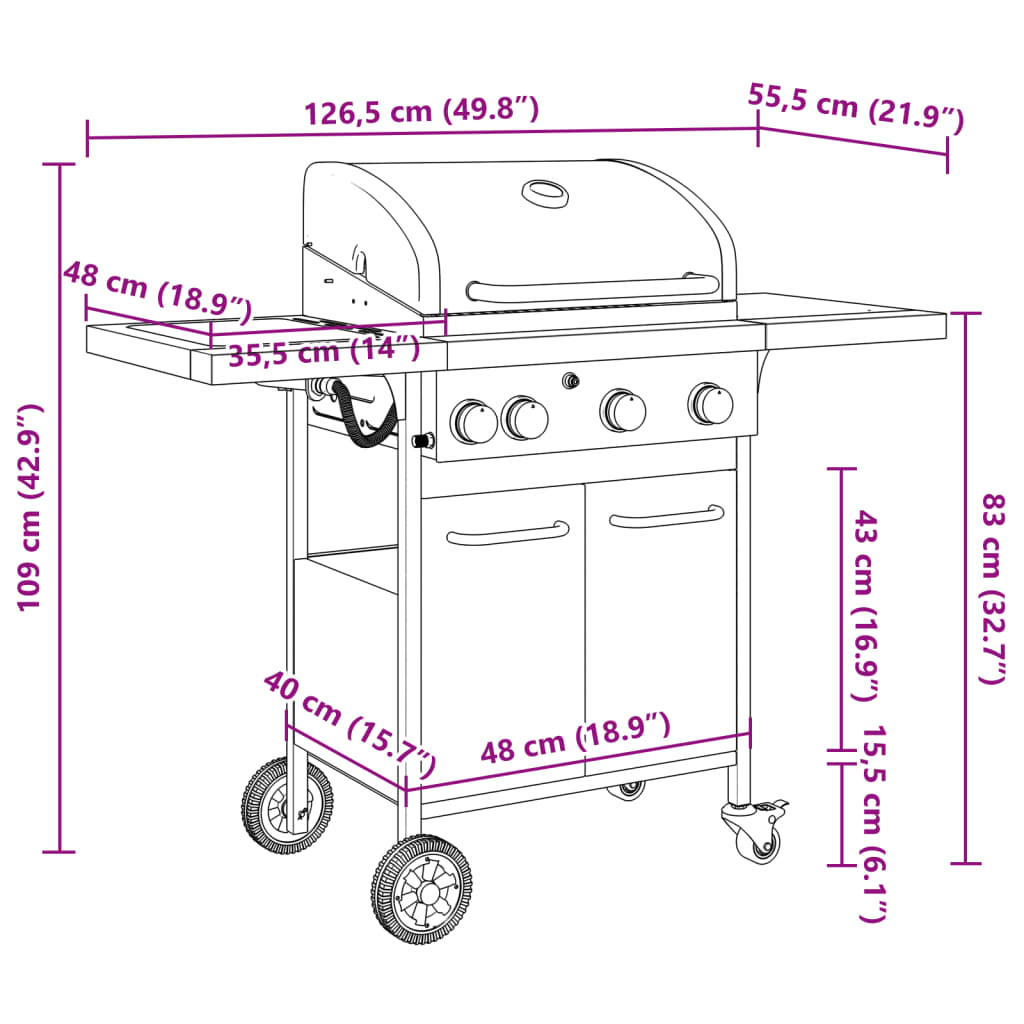 Gasgrill mit 4 Flammen Schwarz Pulverbeschichteter Stahl