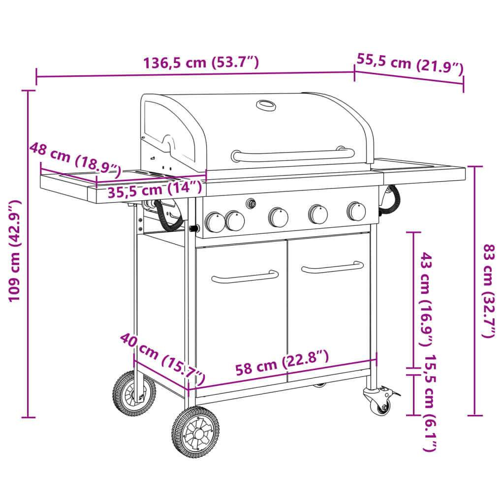 Gasgrill mit 5 Flammen Schwarz Pulverbeschichteter Stahl