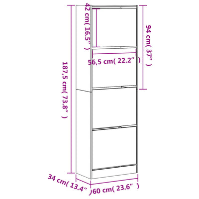 Schuhschrank mit 4 Klappen Sonoma-Eiche 60x34x187,5 cm