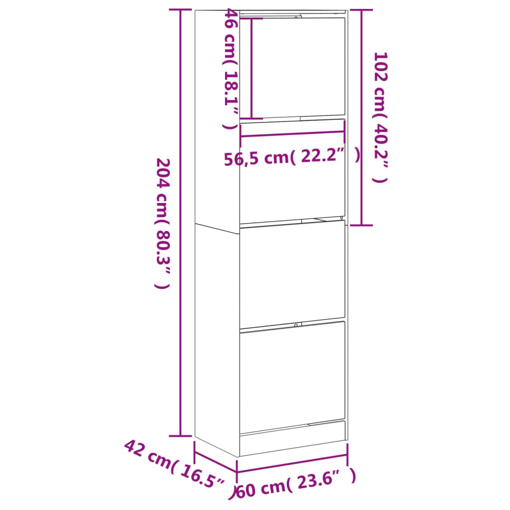 Schuhschrank mit 4 Klappen Sonoma-Eiche 60x42x204 cm