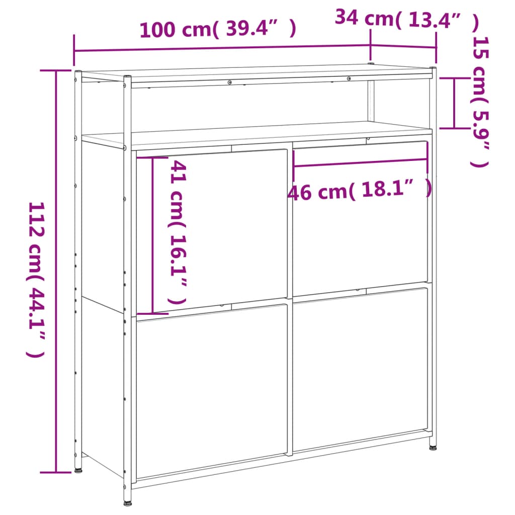 Schuhschrank mit 4 Klappen Grau Sonoma 100x34x112 cm