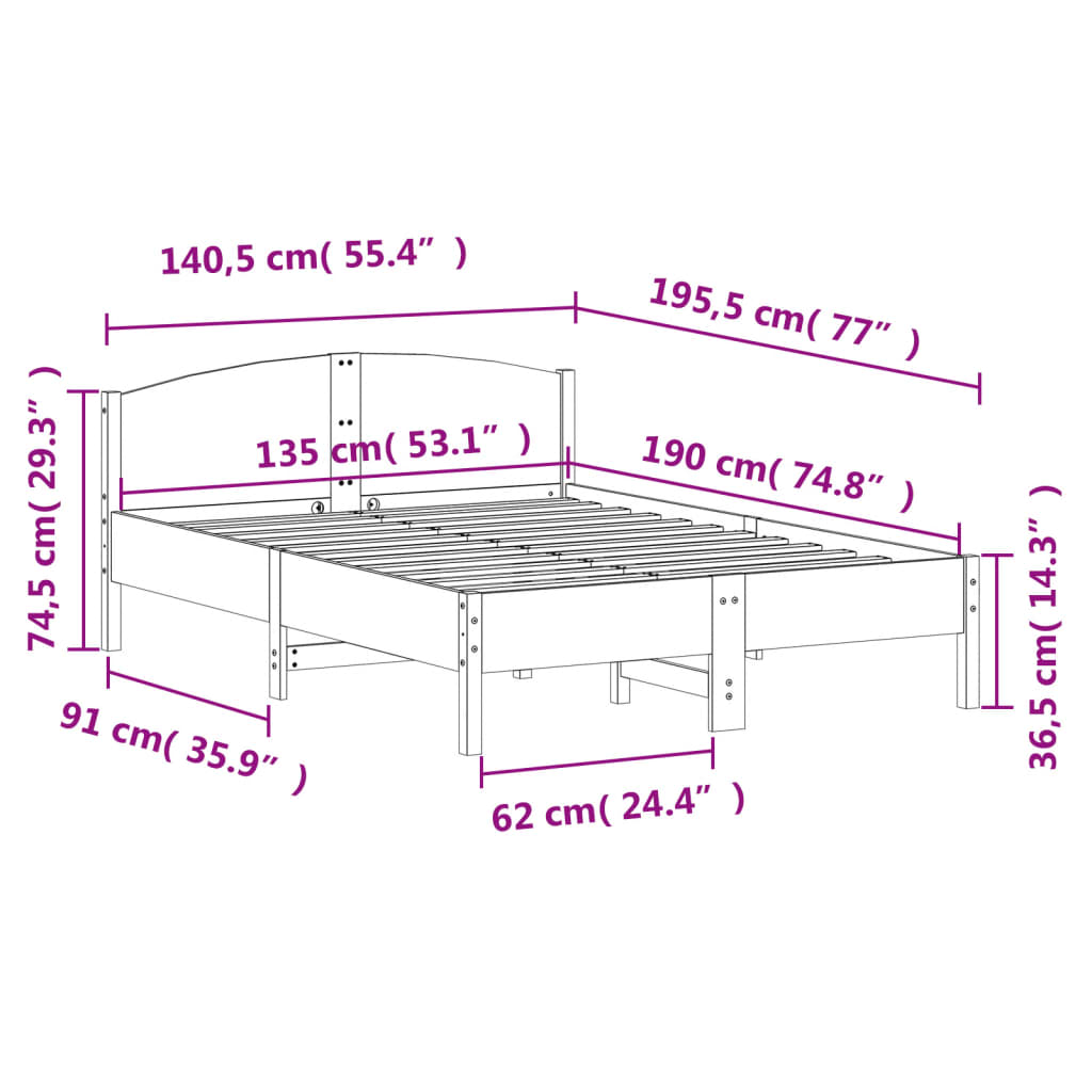 Massivholzbett ohne Matratze Wachsbraun 135x190 cm Kiefernholz