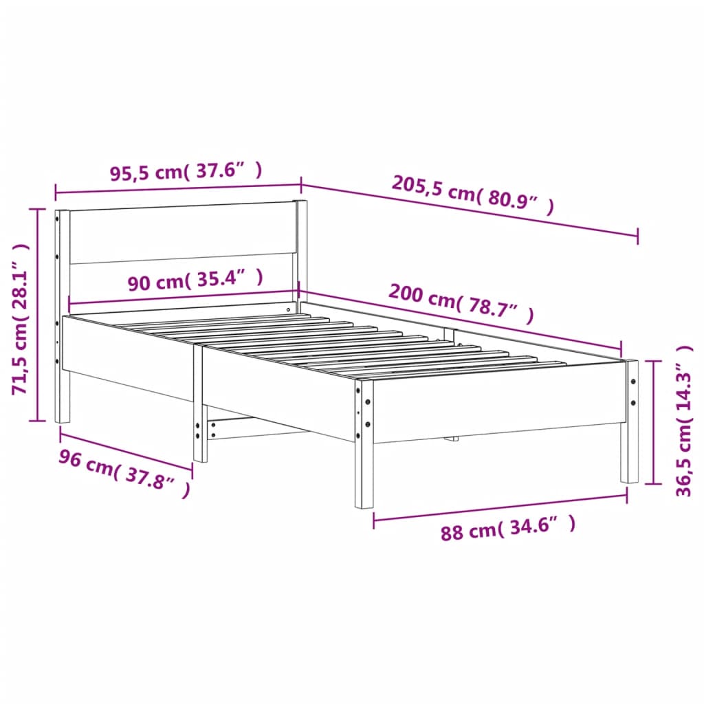 Massivholzbett ohne Matratze Weiß 90x200 cm Kiefernholz