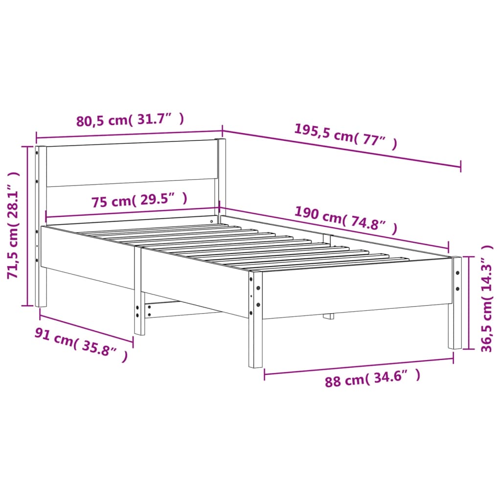 Massivholzbett ohne Matratze 75x190 cm Kiefernholz