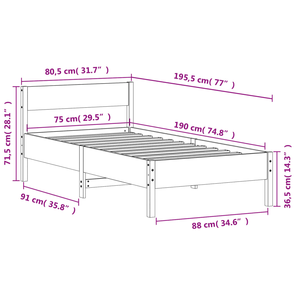 Massivholzbett ohne Matratze Weiß 75x190 cm Kiefernholz