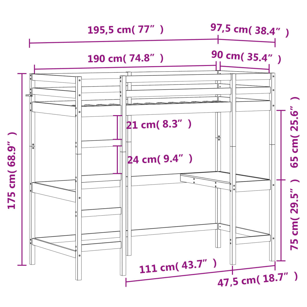 Hochbett mit Schreibtisch 90x190 cm Massivholz Kiefer