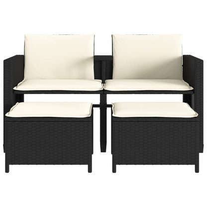 Gartensofa 2-Sitzer mit Tisch und Hockern Schwarz Poly Rattan