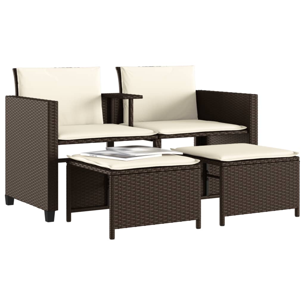 Gartensofa 2-Sitzer mit Tisch und Hockern Braun Poly Rattan