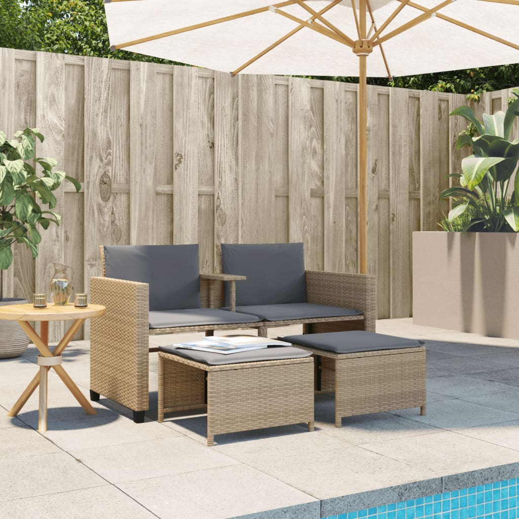 Gartensofa 2-Sitzer mit Tisch und Hockern Beige Poly Rattan