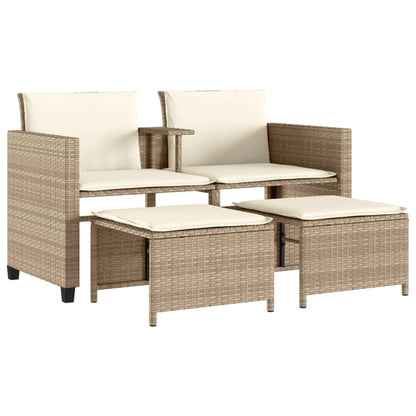 Gartensofa 2-Sitzer mit Tisch und Hockern Beige Poly Rattan