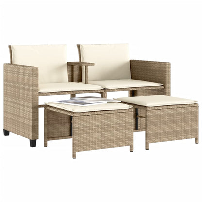 Gartensofa 2-Sitzer mit Tisch und Hockern Beige Poly Rattan